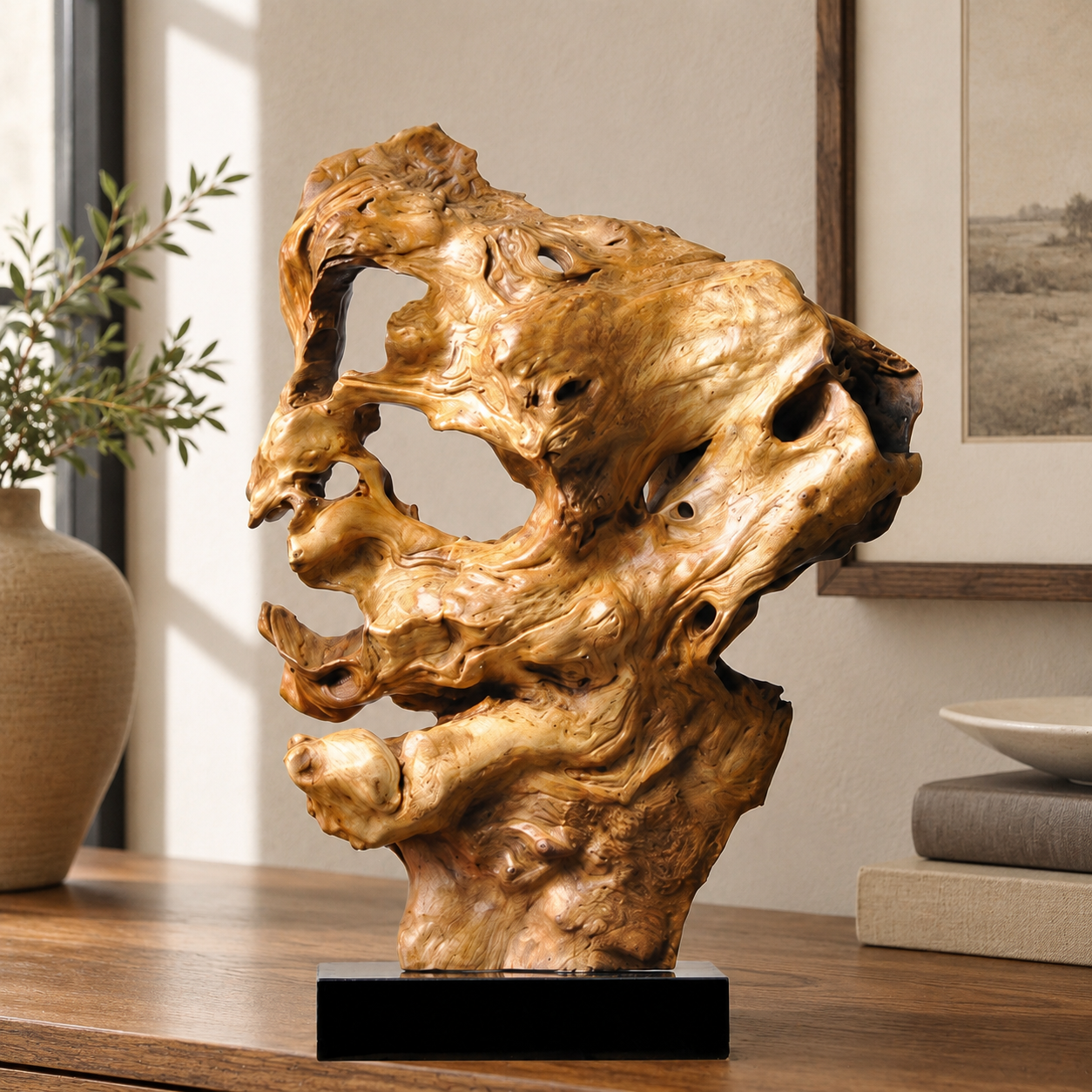 Natural Root Wood Sculpture on Black Base, Abstract Burl Wood Art, Organic Wabi Sabi Home Decor, Rustic Luxury Shelf Decor