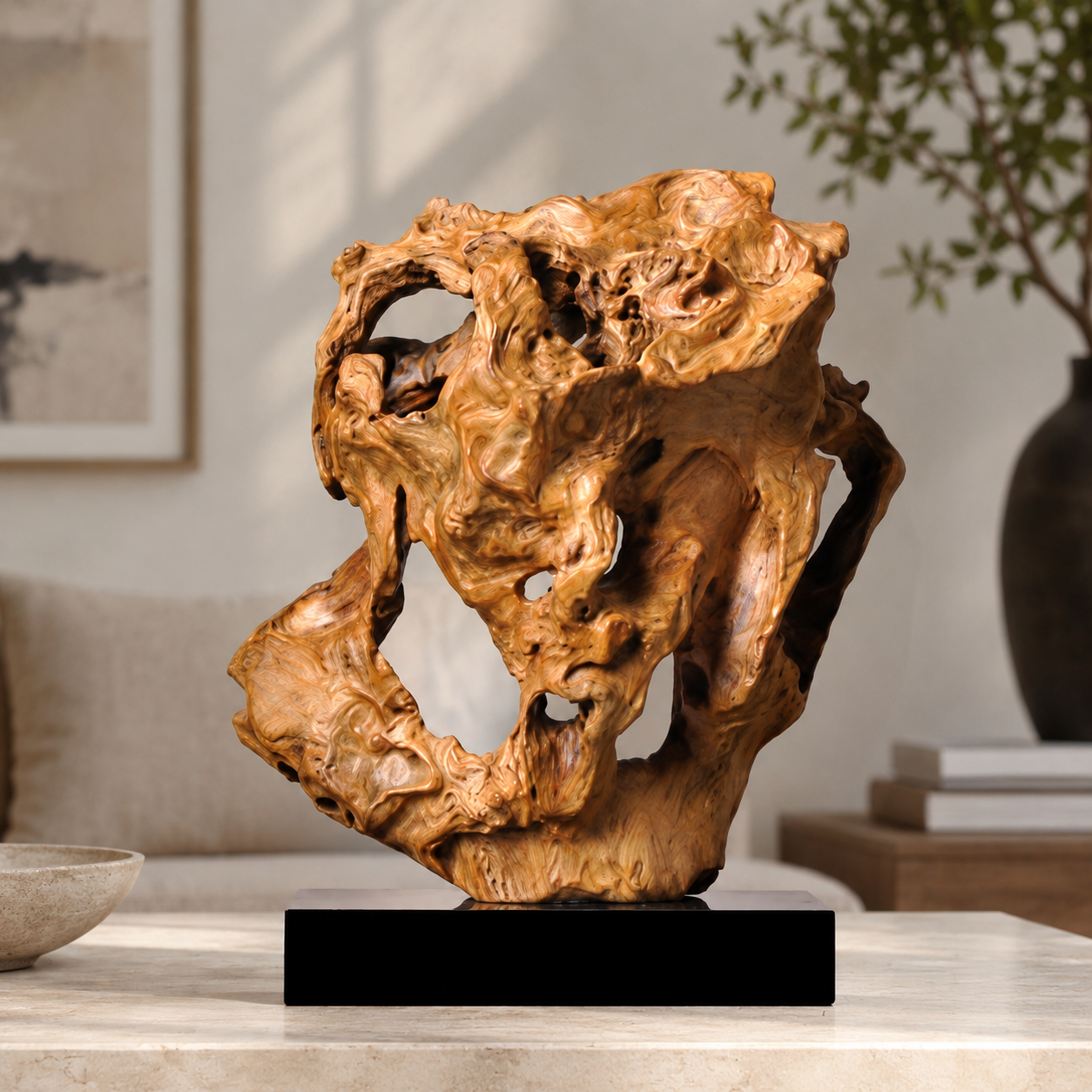 Natural Driftwood Sculpture on Black Base, Abstract Wood Root Carving Art, Organic Wabi Sabi Home Decor, Rustic Wooden Statue, Zen Table Decor