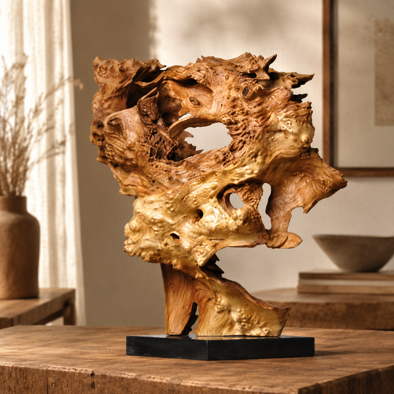 Large Natural Driftwood Sculpture on Black Base, Abstract Root Wood Carving, Organic Wabi Sabi Home Decor, Rustic Luxury Wood Art