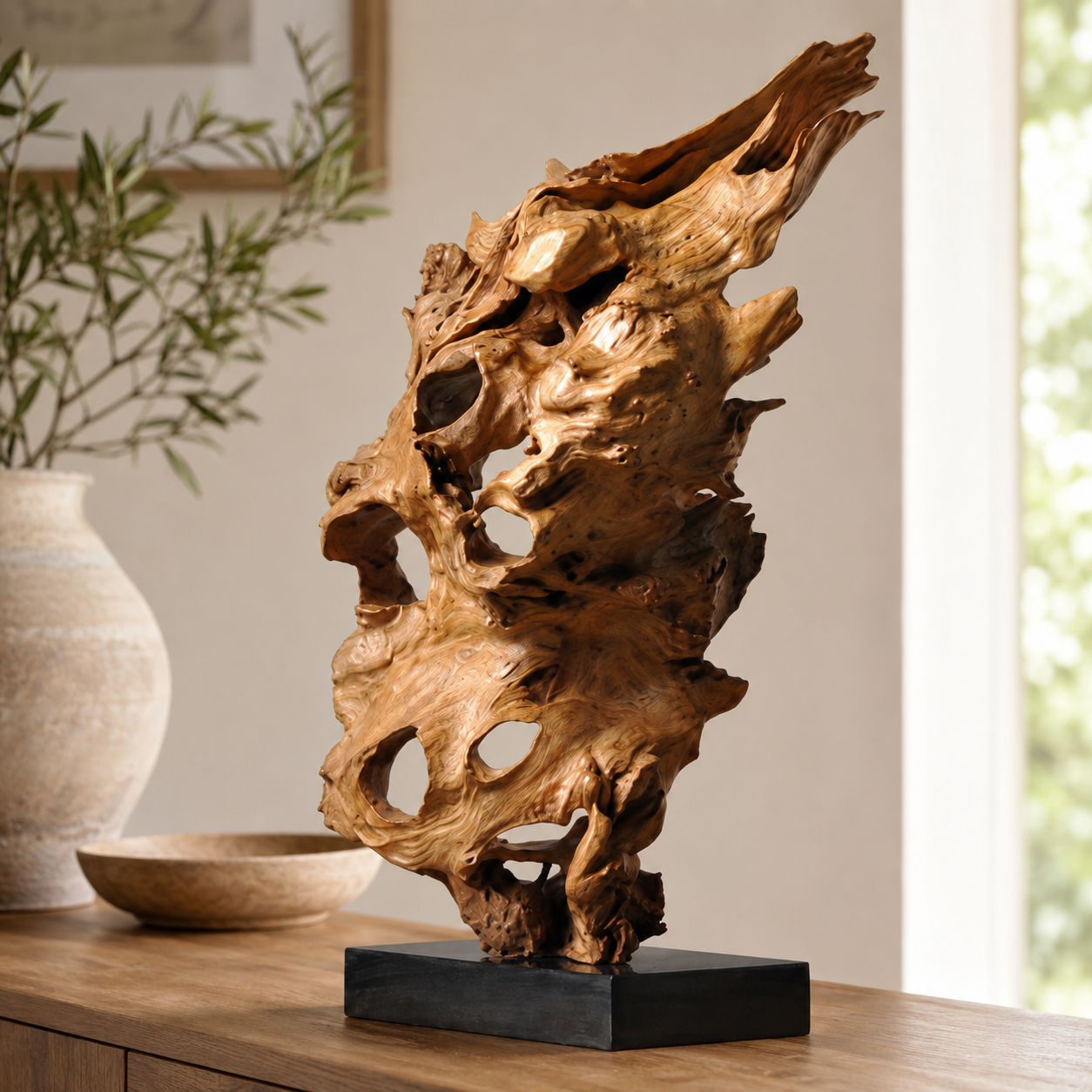 Natural Root Wood Sculpture on Black Base, Abstract Burl Wood Art, Organic Wabi Sabi Decor, Rustic Luxury Shelf Decor