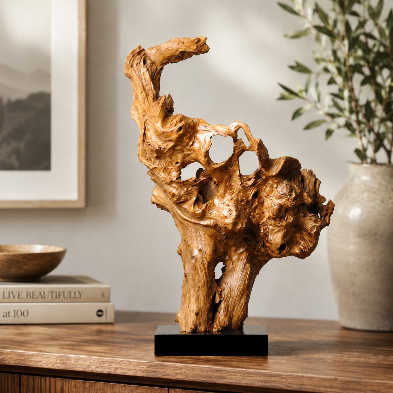 Large Natural Driftwood Sculpture on Black Base, Abstract Wood Art, Organic Root Carving, Wabi Sabi Home Decor, Unique Wooden Statement Piece