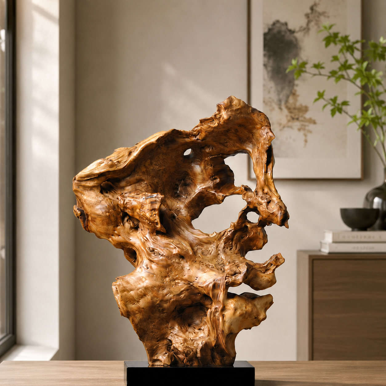 Natural Root Wood Sculpture on Black Base, Abstract Burl Wood Art, Organic Wabi Sabi Home Decor, Rustic Luxury Shelf Decor