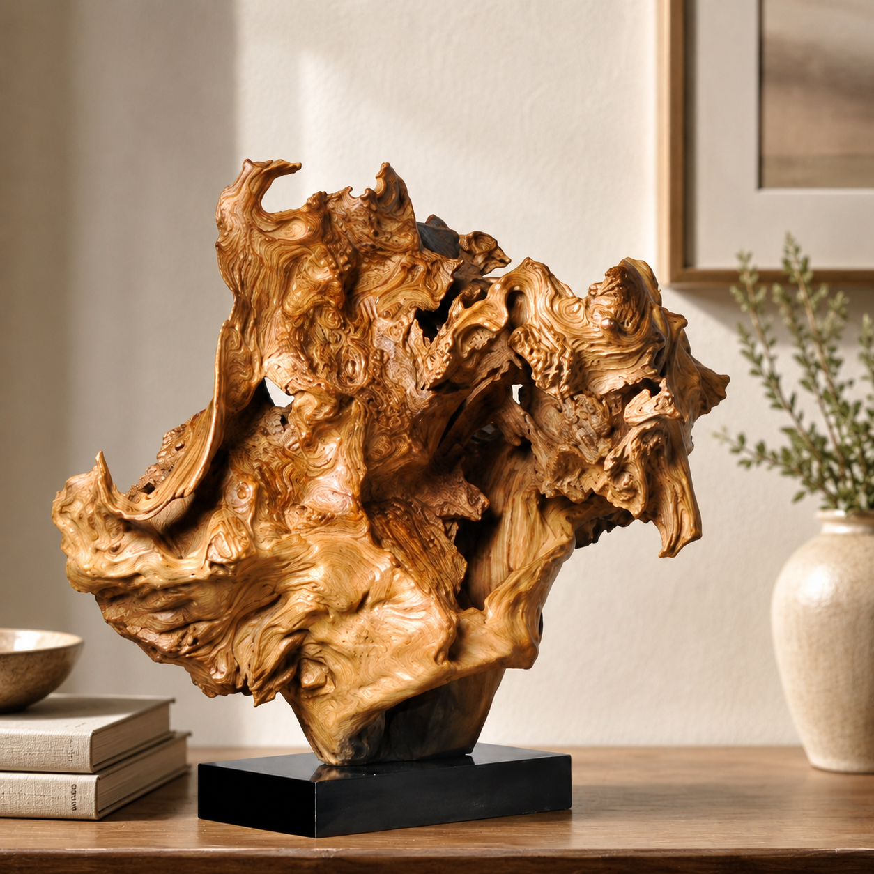 Natural Driftwood Sculpture on Black Base, Abstract Wood Art Decor, Organic Root Carving, Wabi Sabi Home Accent, Unique Wooden Table Sculpture