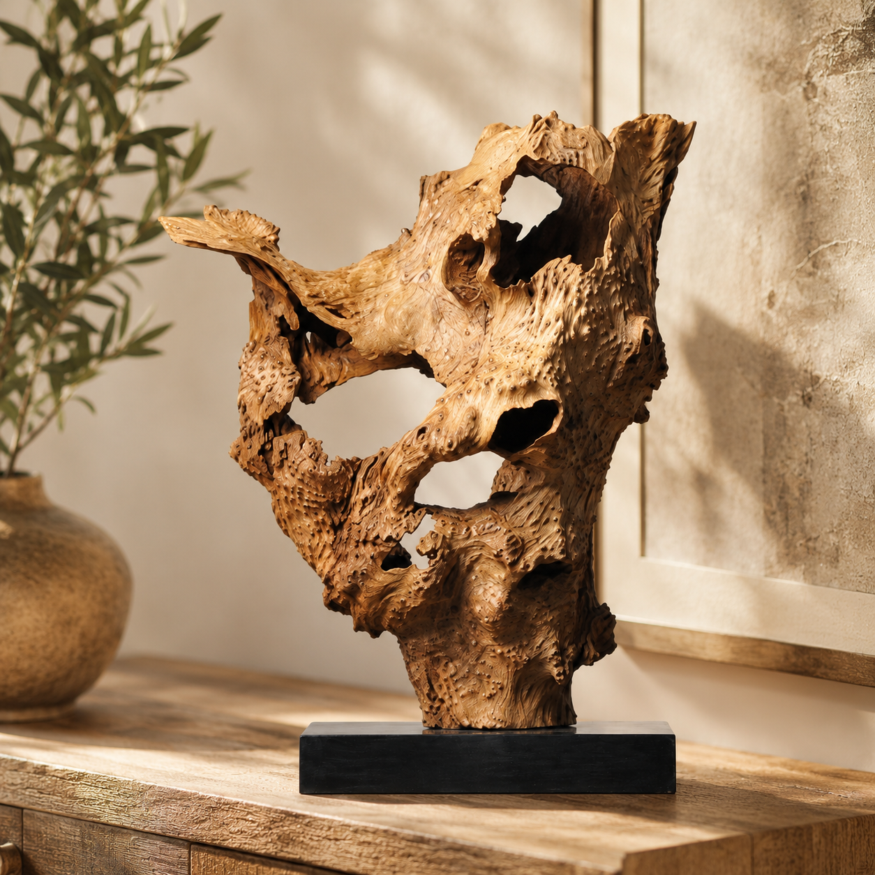 Large Natural Root Wood Sculpture on Black Base, Abstract Driftwood Art, Wabi Sabi Organic Home Decor, Rustic Shelf Decor