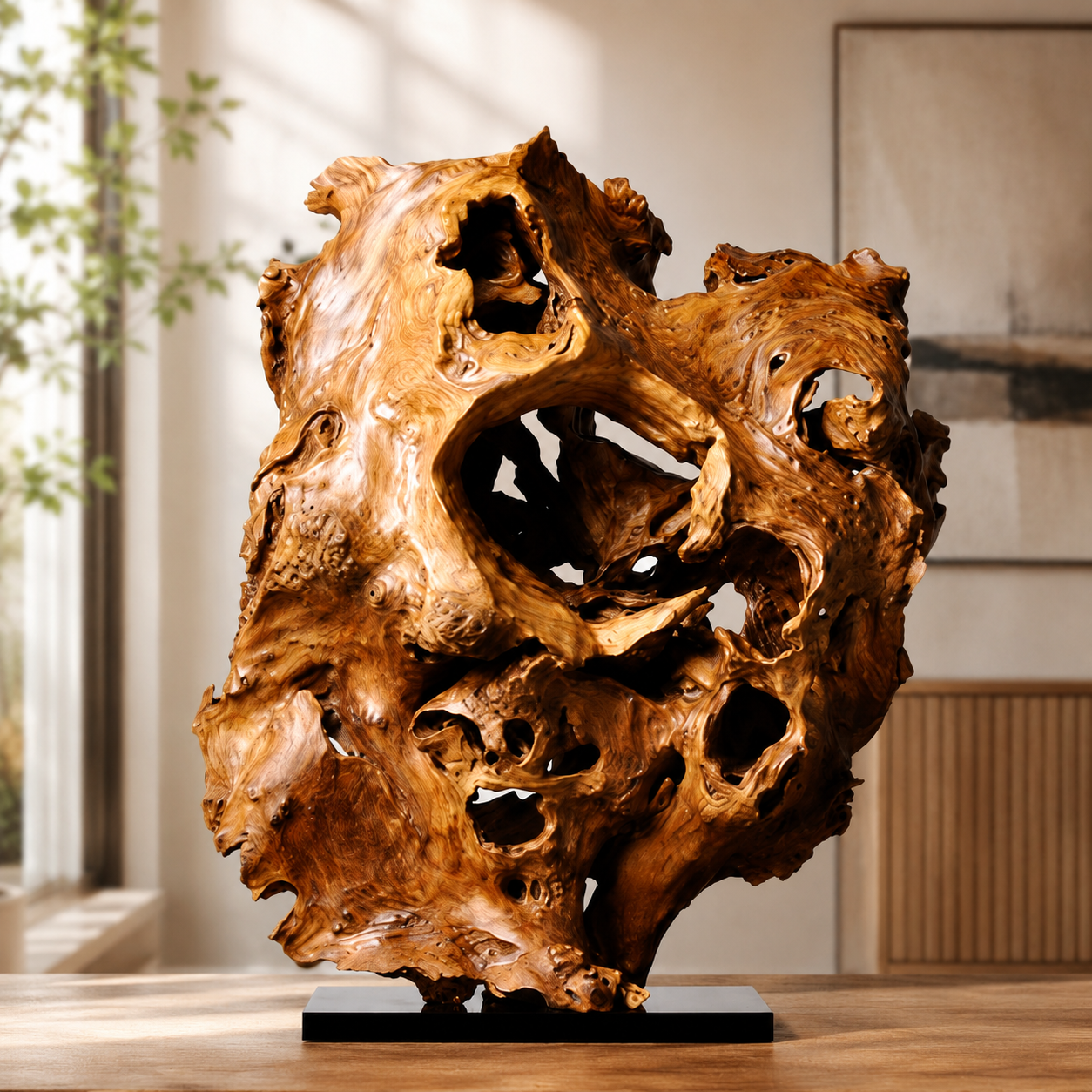 Large Natural Driftwood Sculpture on Black Base, Abstract Wood Root Carving, Organic Wabi Sabi Home Decor, Rustic Modern Statement Art