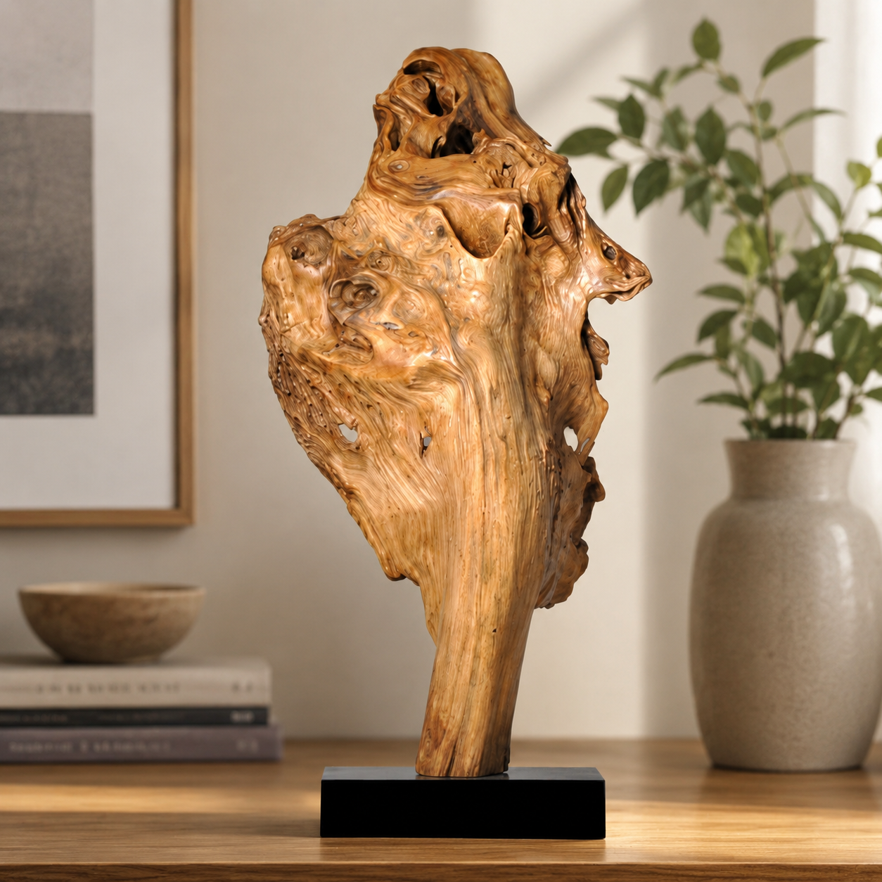 Large Natural Driftwood Sculpture on Black Base, Abstract Root Wood Art, Organic Wabi Sabi Home Decor, Unique Wooden Centerpiece