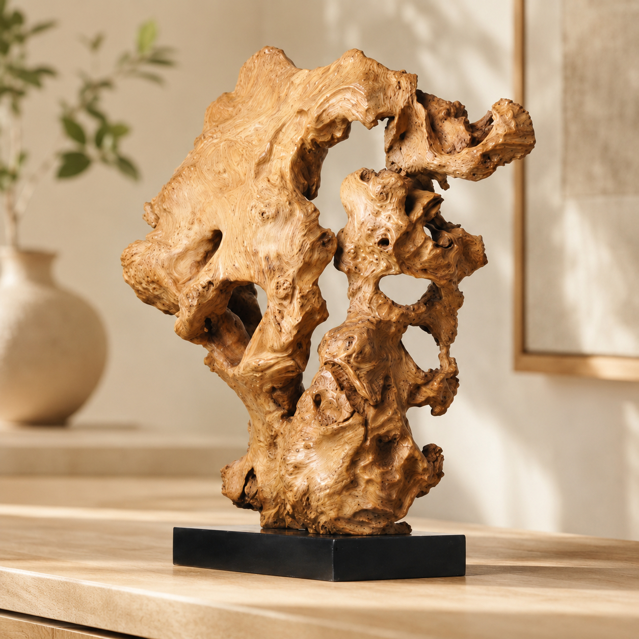 Large Natural Root Wood Sculpture on Black Base, Abstract Driftwood Art, Wabi Sabi Organic Home Decor, Rustic Luxury Shelf Decor