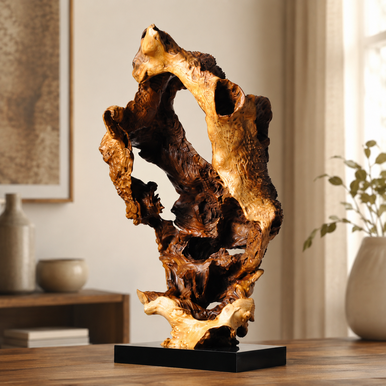 Natural Driftwood Sculpture on Black Base, Abstract Wood Root Carving, Organic Wabi Sabi Home Decor, Rustic Wooden Art Statue