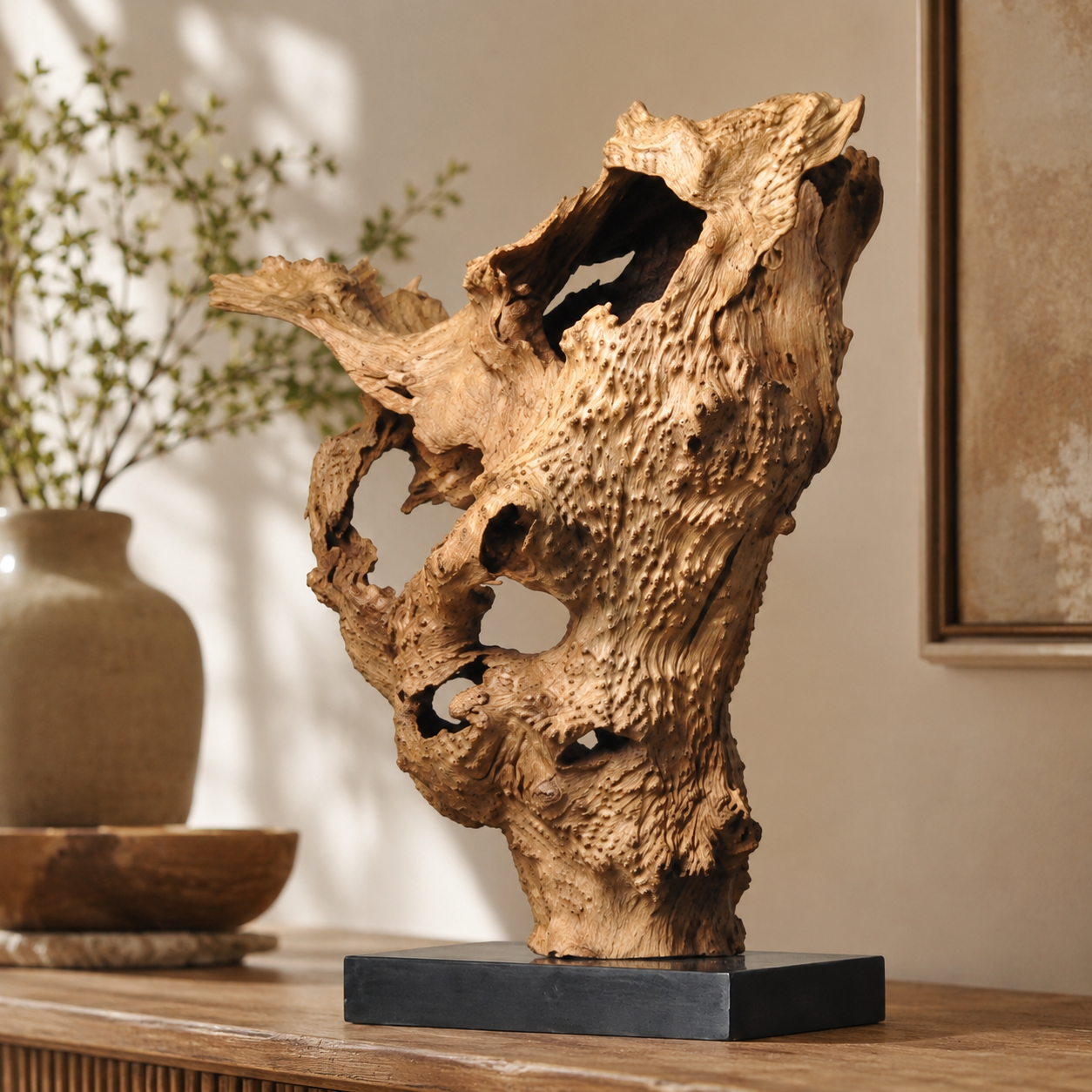 Large Natural Root Wood Sculpture on Black Base, Abstract Driftwood Art, Wabi Sabi Organic Home Decor, Rustic Shelf Decor