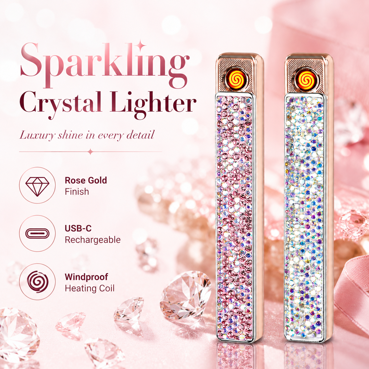 Sparkling Crystal USB-C Rechargeable Electric Lighter – Windproof Flameless Rose Gold Lighter for Women