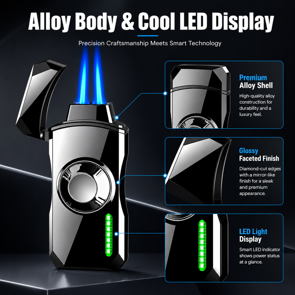 Dual Jet Torch Lighter with RGB Spinner Light – Smart Windproof Butane Lighter with LED Display