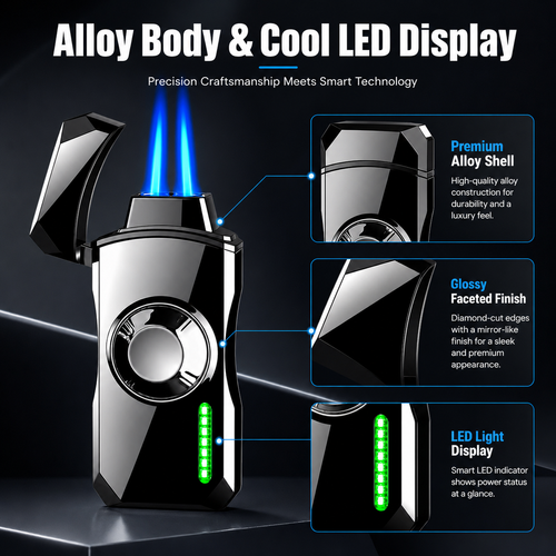 Dual Jet Torch Lighter with RGB Spinner Light – Smart Windproof Butane Lighter with LED Display