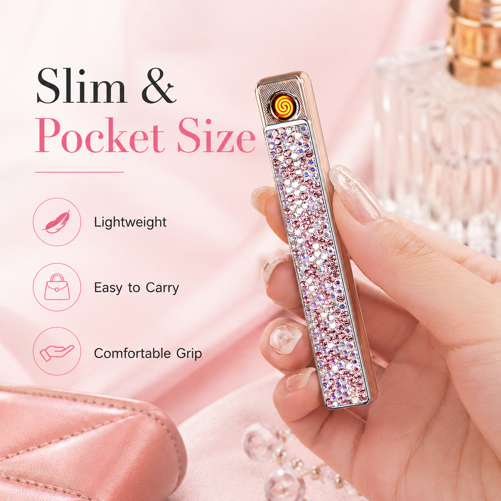 Sparkling Crystal USB-C Rechargeable Electric Lighter – Windproof Flameless Rose Gold Lighter for Women