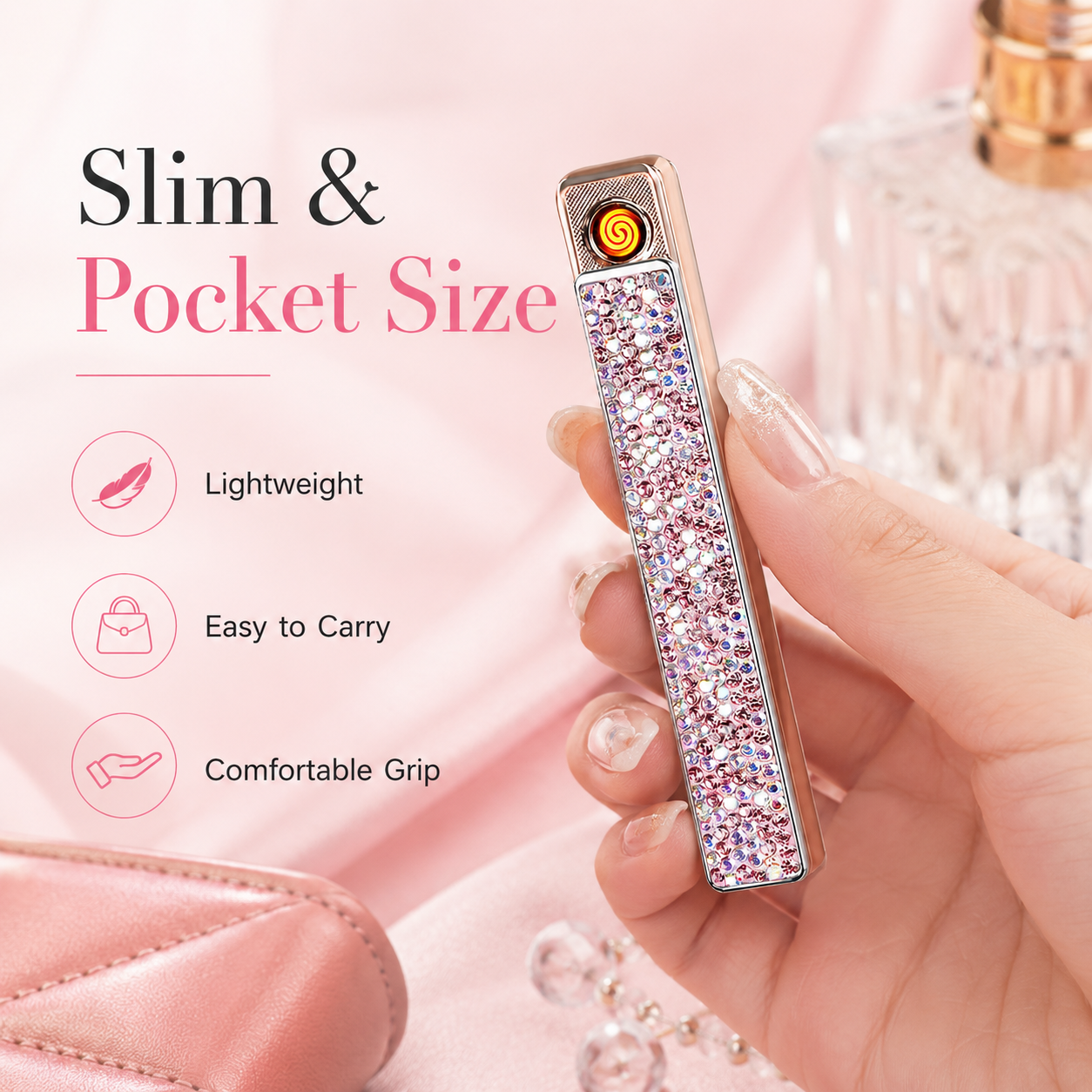Sparkling Crystal USB-C Rechargeable Electric Lighter – Windproof Flameless Rose Gold Lighter for Women