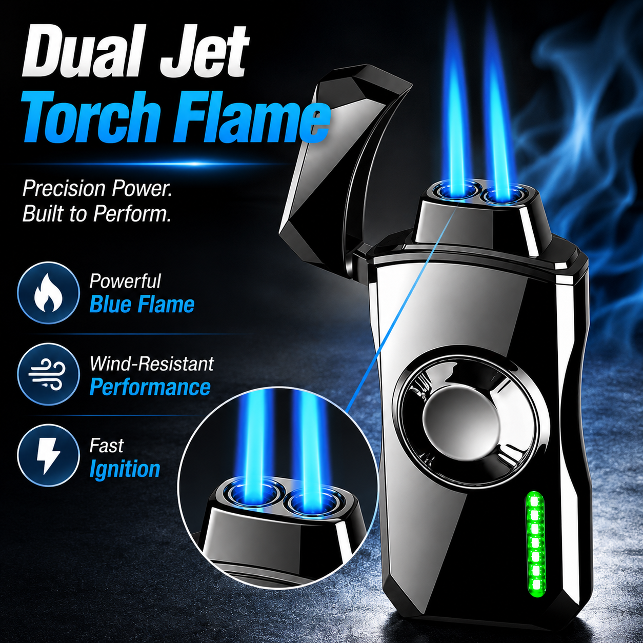 Dual Jet Torch Lighter with RGB Spinner Light – Smart Windproof Butane Lighter with LED Display