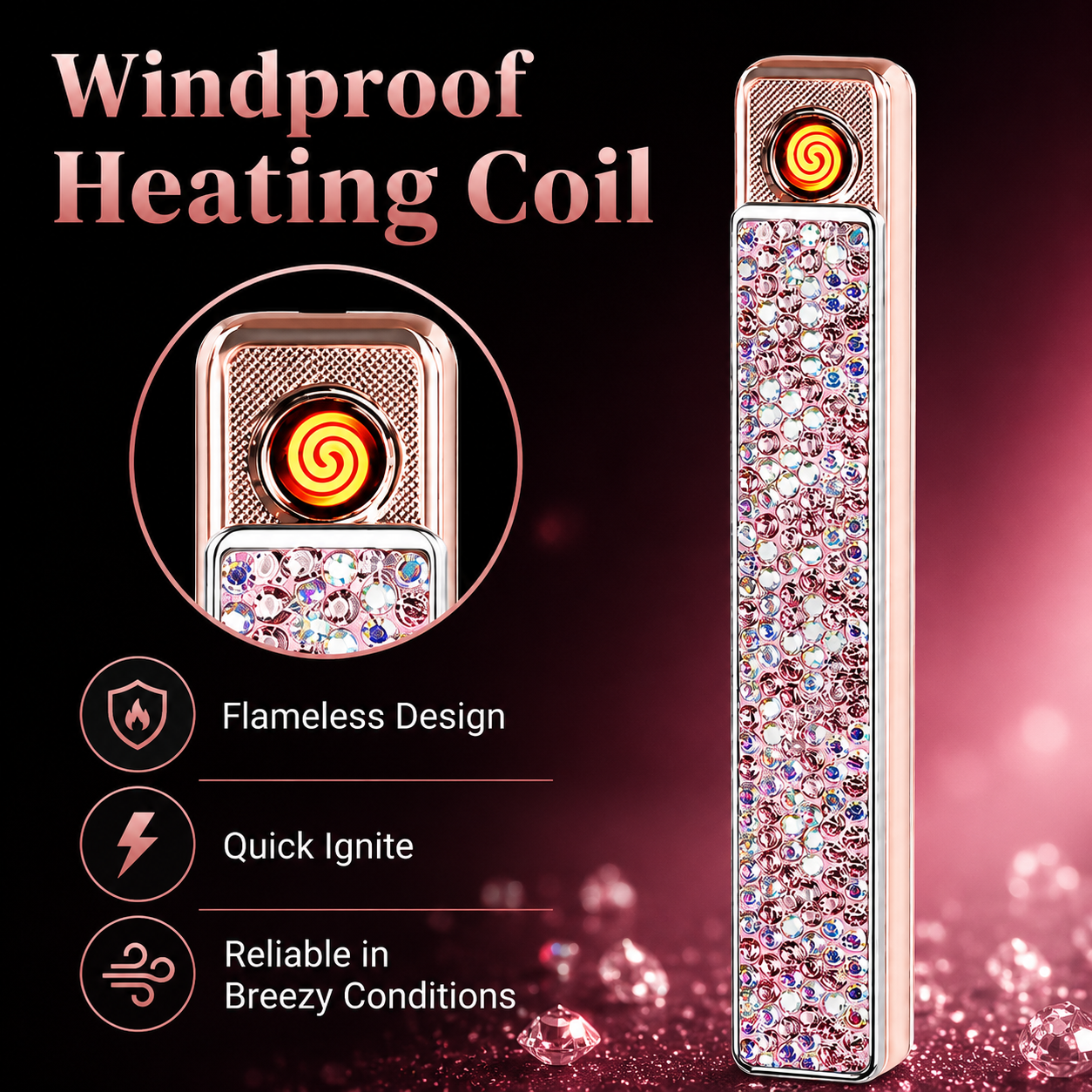 Sparkling Crystal USB-C Rechargeable Electric Lighter – Windproof Flameless Rose Gold Lighter for Women