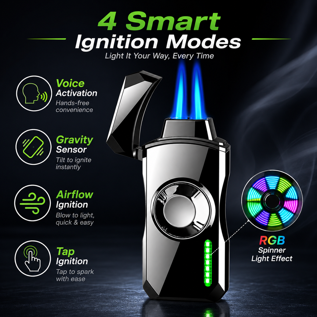 Dual Jet Torch Lighter with RGB Spinner Light – Smart Windproof Butane Lighter with LED Display