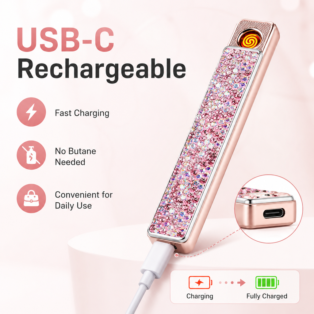 Sparkling Crystal USB-C Rechargeable Electric Lighter – Windproof Flameless Rose Gold Lighter for Women