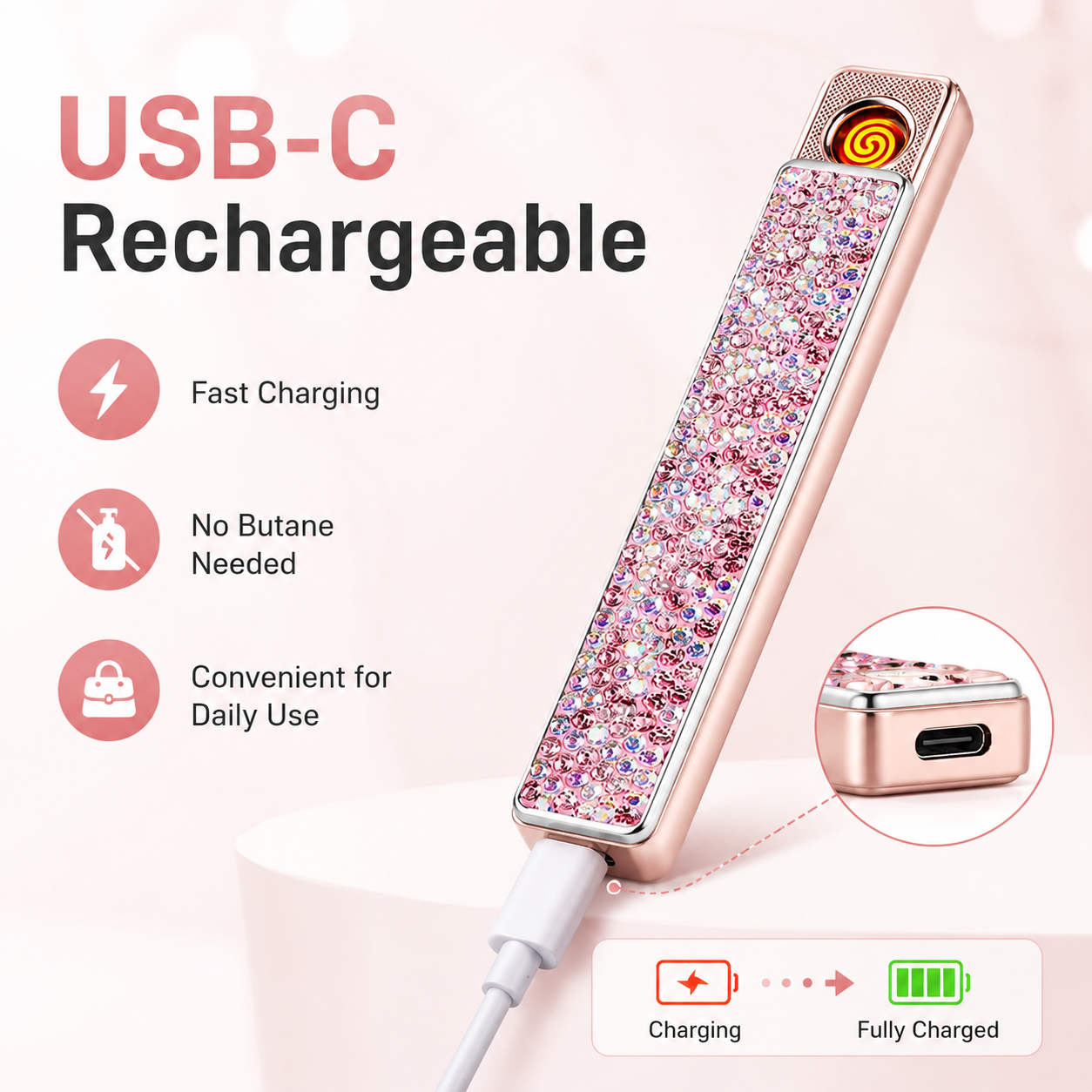 Sparkling Crystal USB-C Rechargeable Electric Lighter – Windproof Flameless Rose Gold Lighter for Women