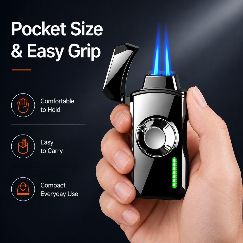 Dual Jet Torch Lighter with RGB Spinner Light – Smart Windproof Butane Lighter with LED Display