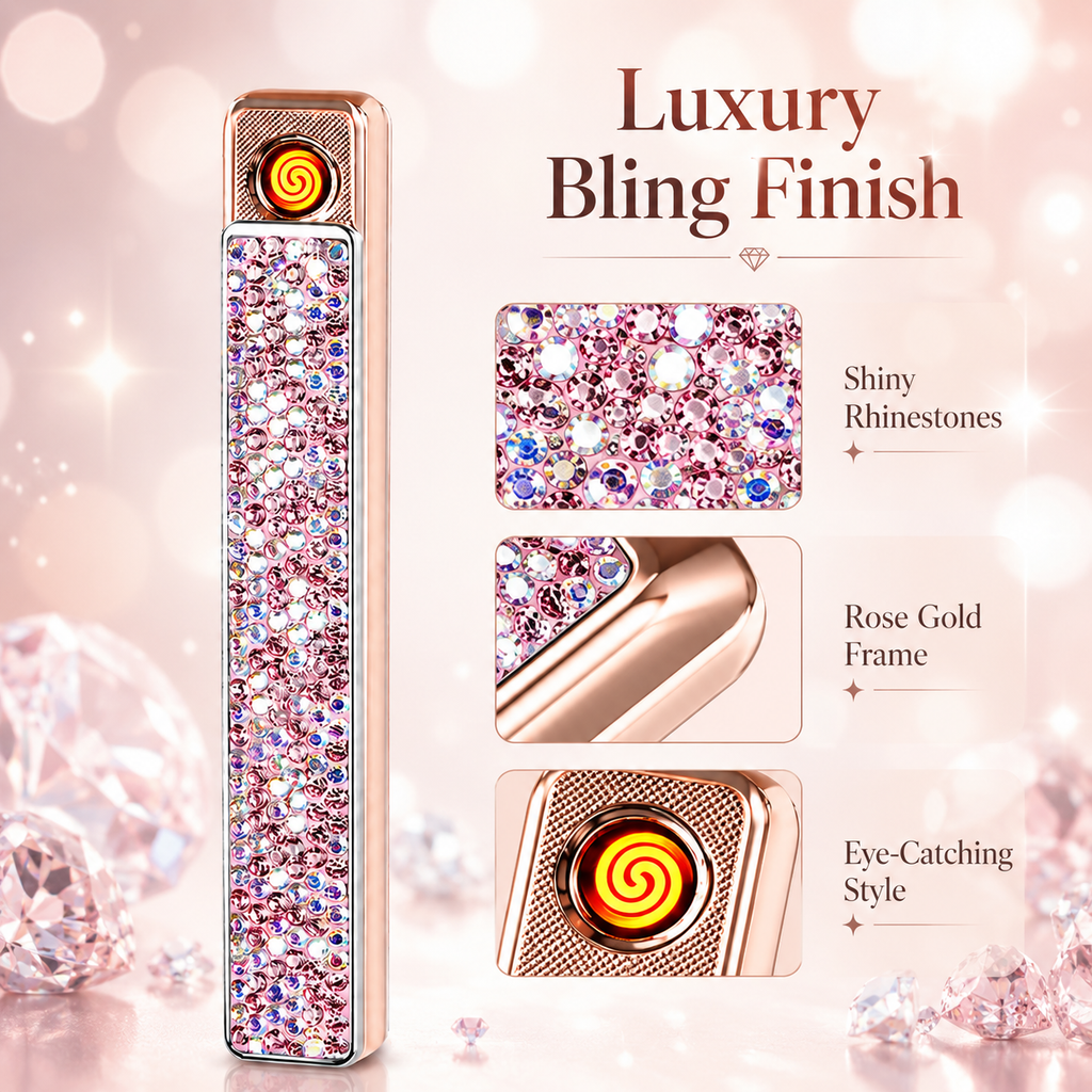 Sparkling Crystal USB-C Rechargeable Electric Lighter – Windproof Flameless Rose Gold Lighter for Women