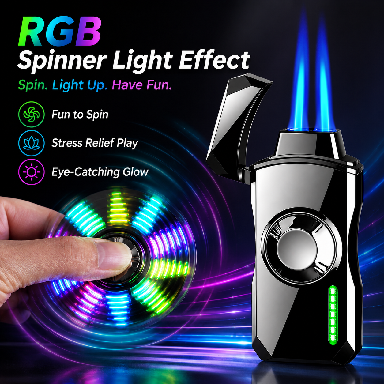 Dual Jet Torch Lighter with RGB Spinner Light – Smart Windproof Butane Lighter with LED Display