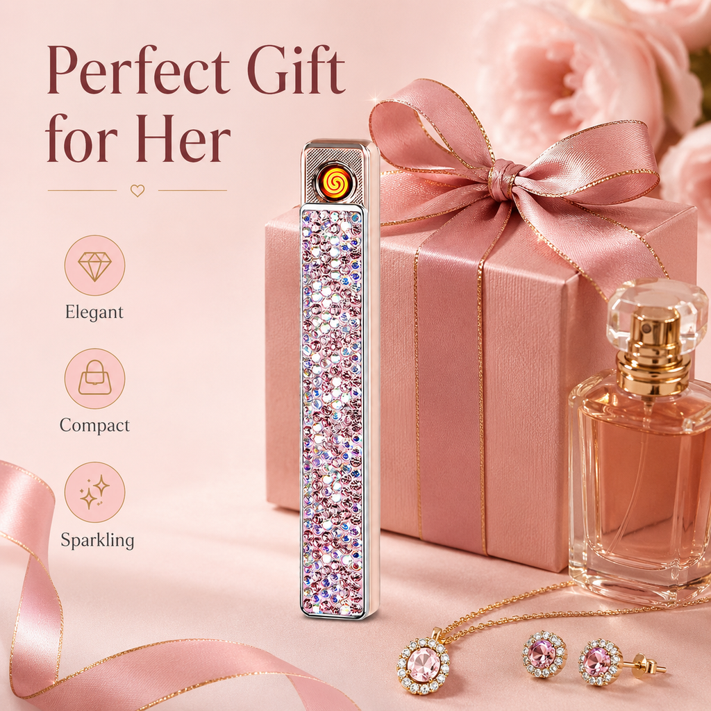 Sparkling Crystal USB-C Rechargeable Electric Lighter – Windproof Flameless Rose Gold Lighter for Women