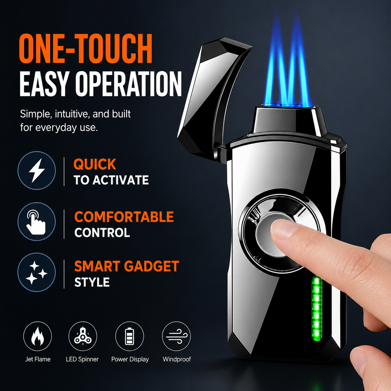 Dual Jet Torch Lighter with RGB Spinner Light – Smart Windproof Butane Lighter with LED Display
