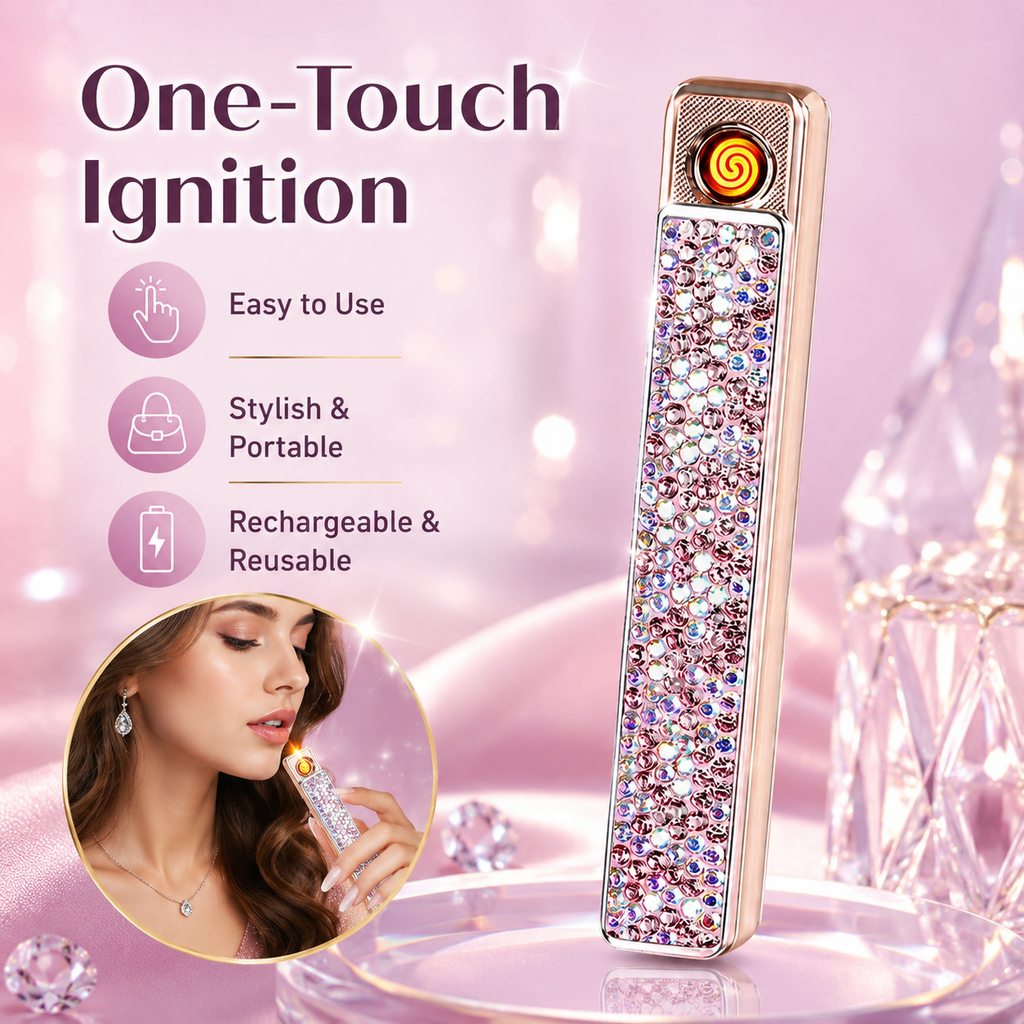 Sparkling Crystal USB-C Rechargeable Electric Lighter – Windproof Flameless Rose Gold Lighter for Women