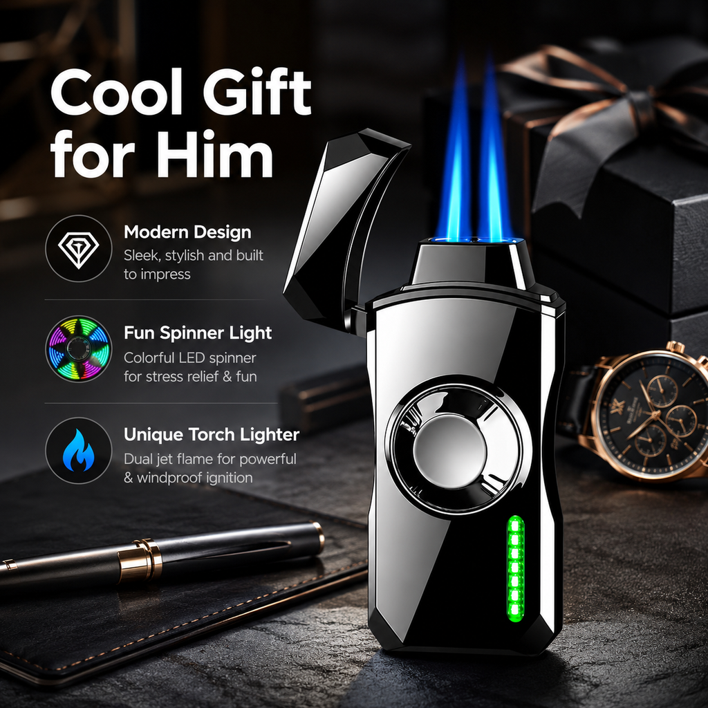 Dual Jet Torch Lighter with RGB Spinner Light – Smart Windproof Butane Lighter with LED Display