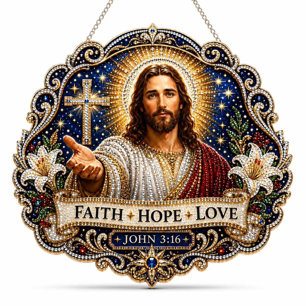 Jesus Diamond Art Hanging Ornament Kit – Faith Hope Love John 3:16 Christian Window & Wall Décor