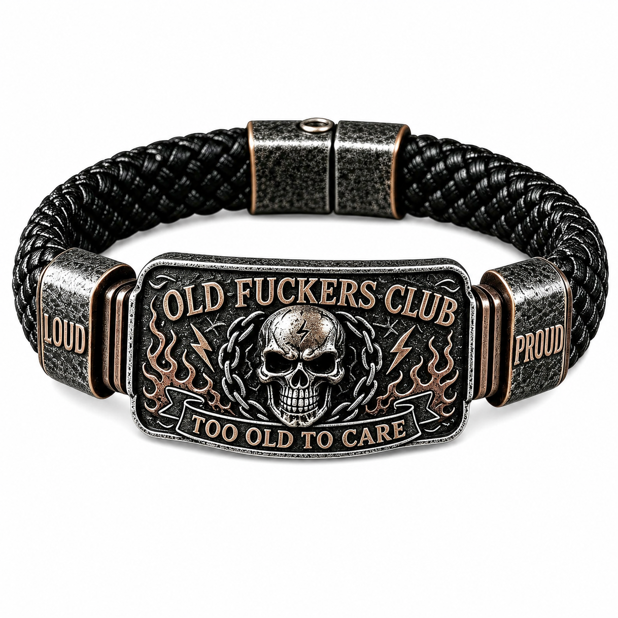 Old Fuckers Club Vintage Skull Flame Biker Braided Bracelet
