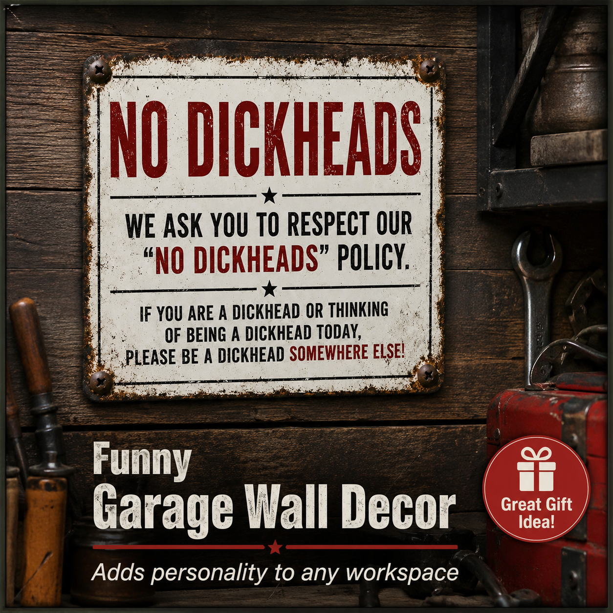 No Dickheads Policy Metal Sign – Funny Rustic Garage Wall Decor