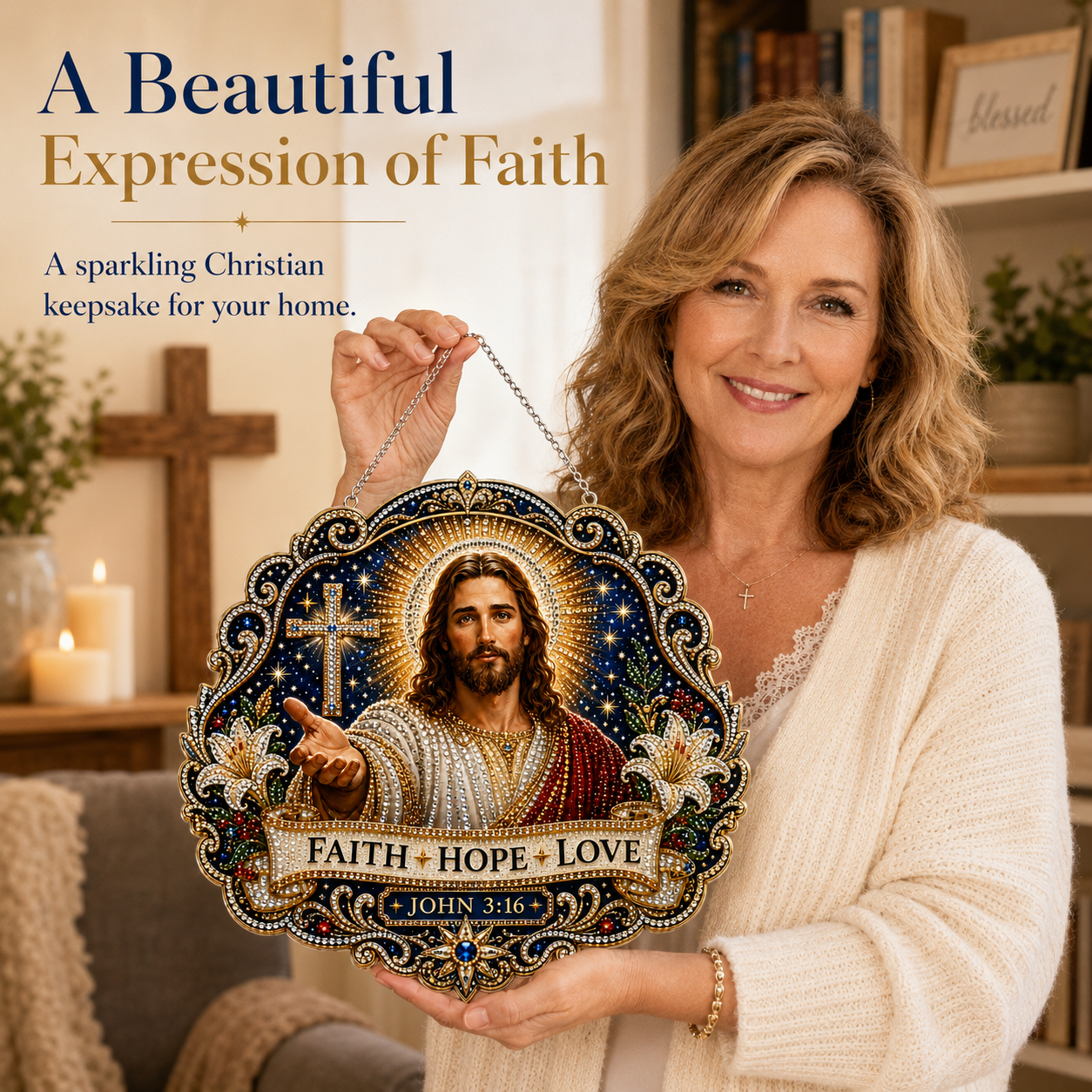 Jesus Diamond Art Hanging Ornament Kit – Faith Hope Love John 3:16 Christian Window & Wall Décor