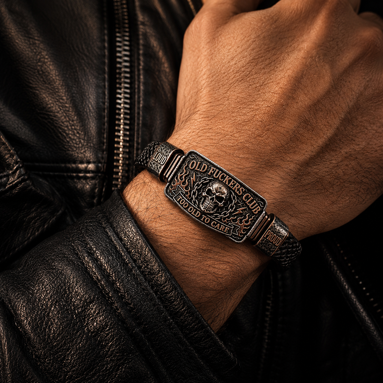 Old Fuckers Club Vintage Skull Flame Biker Braided Bracelet