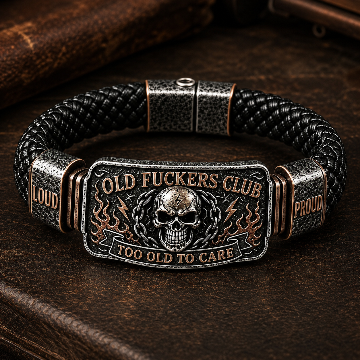 Old Fuckers Club Vintage Skull Flame Biker Braided Bracelet