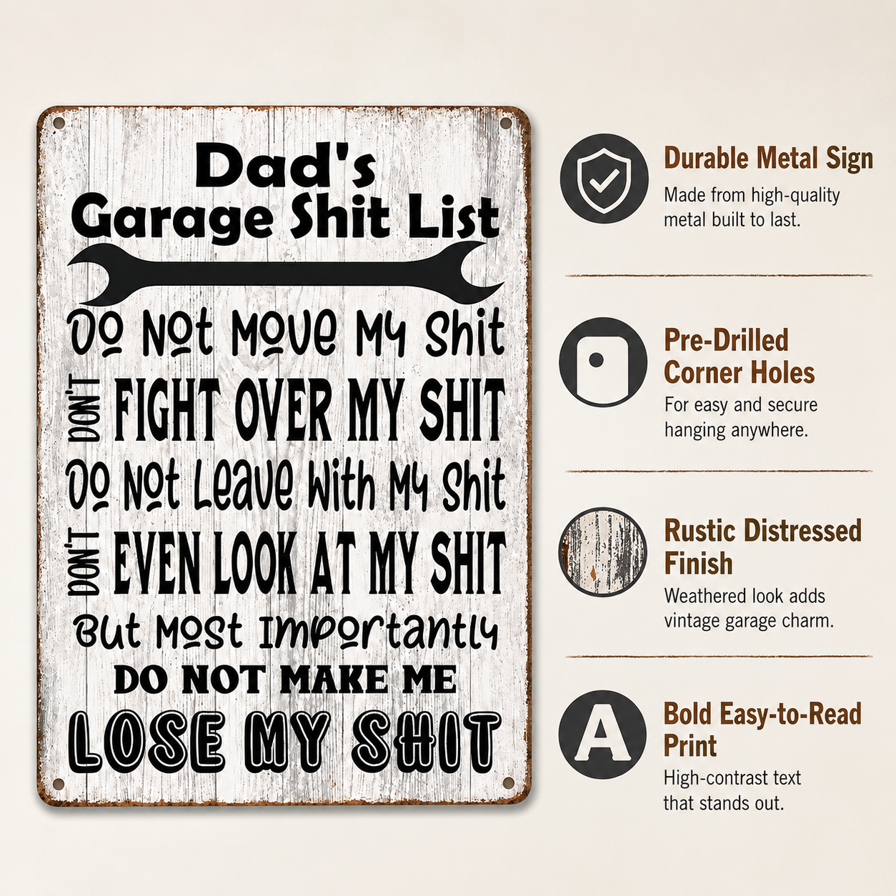 Dad’s Garage Shit List Metal Sign – Funny Garage Wall Decor Gift for Dad, Husband, Grandpa & Man Cave