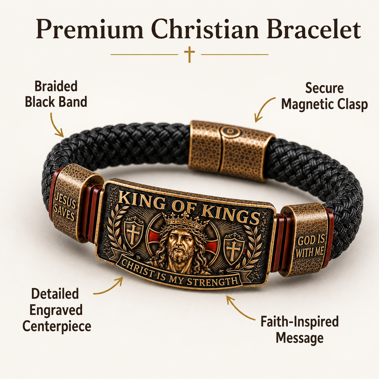 King of Kings Christian Bracelet for Men – Faith-Inspired Braided Wristband Gift