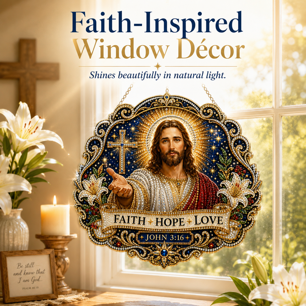 Jesus Diamond Art Hanging Ornament Kit – Faith Hope Love John 3:16 Christian Window & Wall Décor