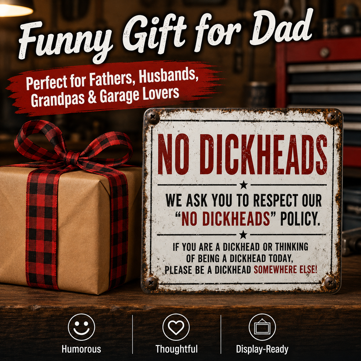 No Dickheads Policy Metal Sign – Funny Rustic Garage Wall Decor