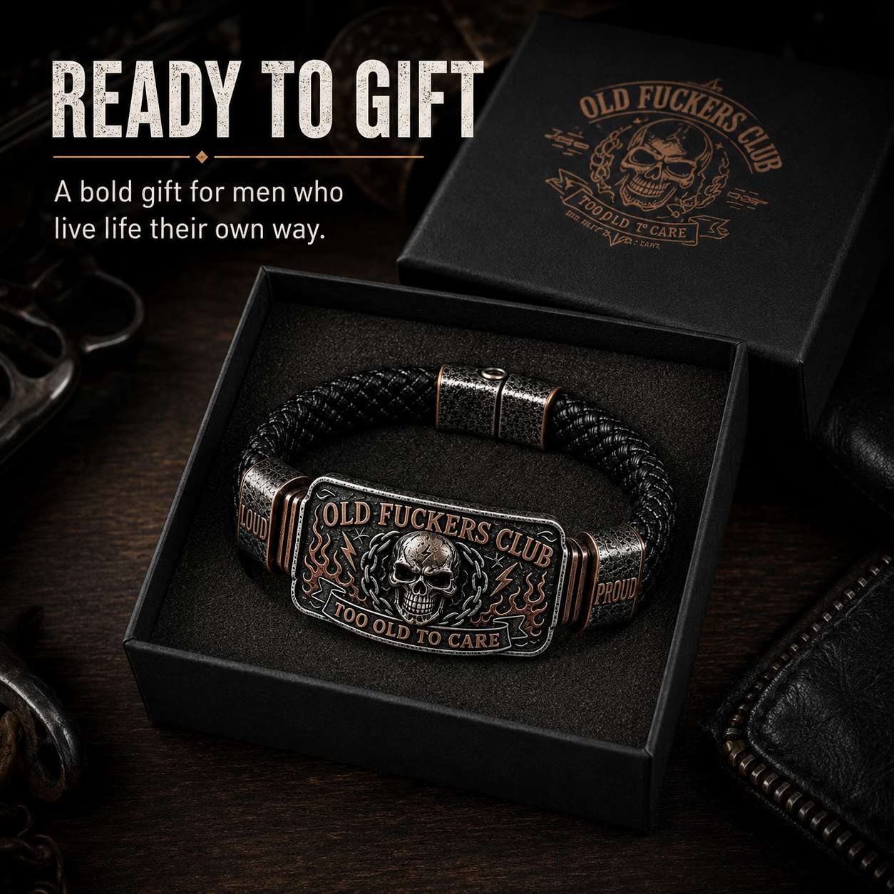 Old Fuckers Club Vintage Skull Flame Biker Braided Bracelet