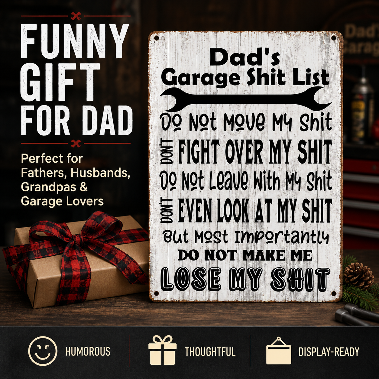 Dad’s Garage Shit List Metal Sign – Funny Garage Wall Decor Gift for Dad, Husband, Grandpa & Man Cave