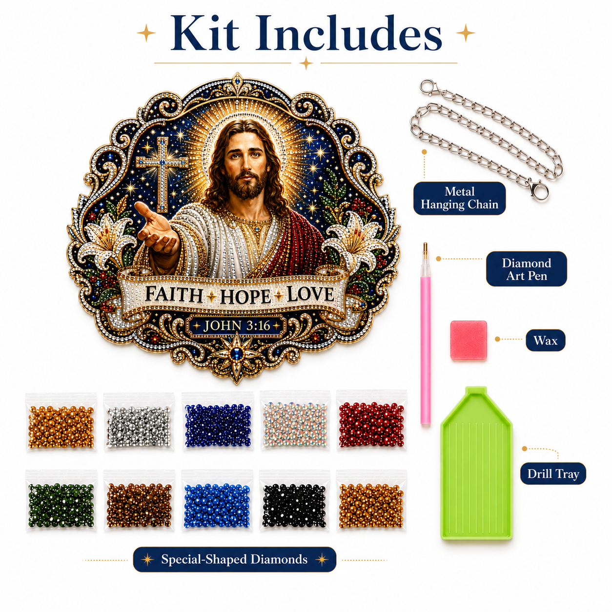 Jesus Diamond Art Hanging Ornament Kit – Faith Hope Love John 3:16 Christian Window & Wall Décor