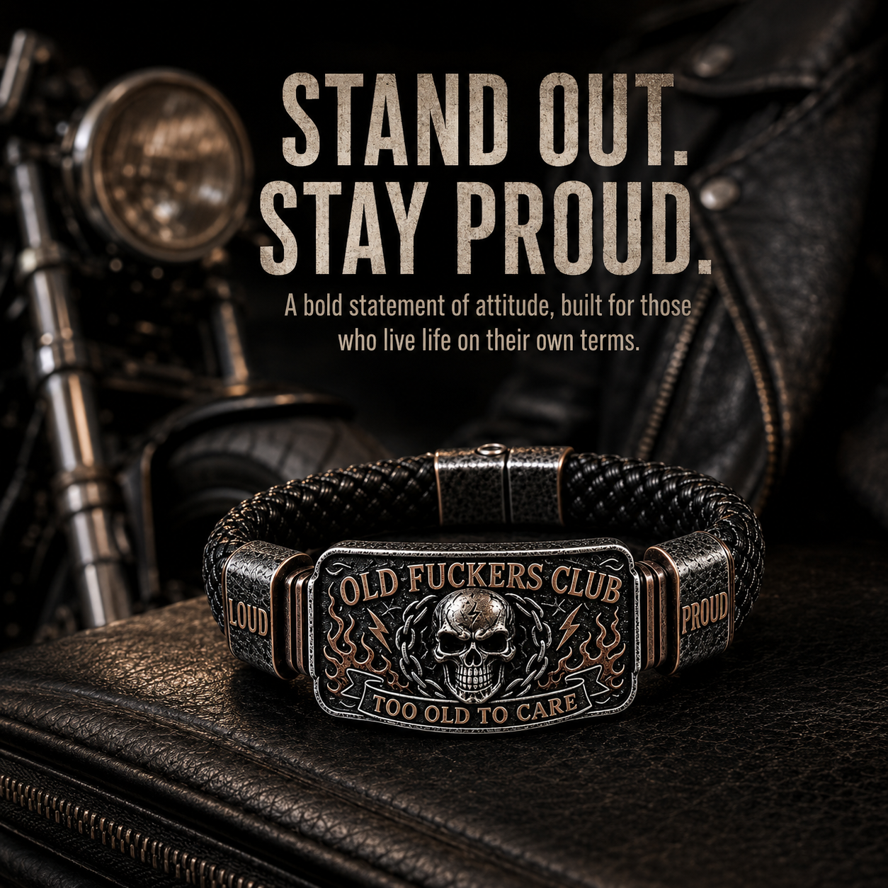 Old Fuckers Club Vintage Skull Flame Biker Braided Bracelet
