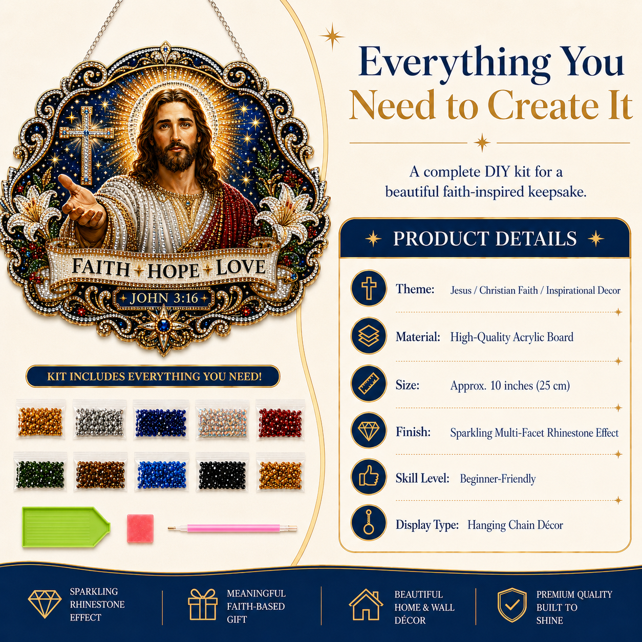 Jesus Diamond Art Hanging Ornament Kit – Faith Hope Love John 3:16 Christian Window & Wall Décor