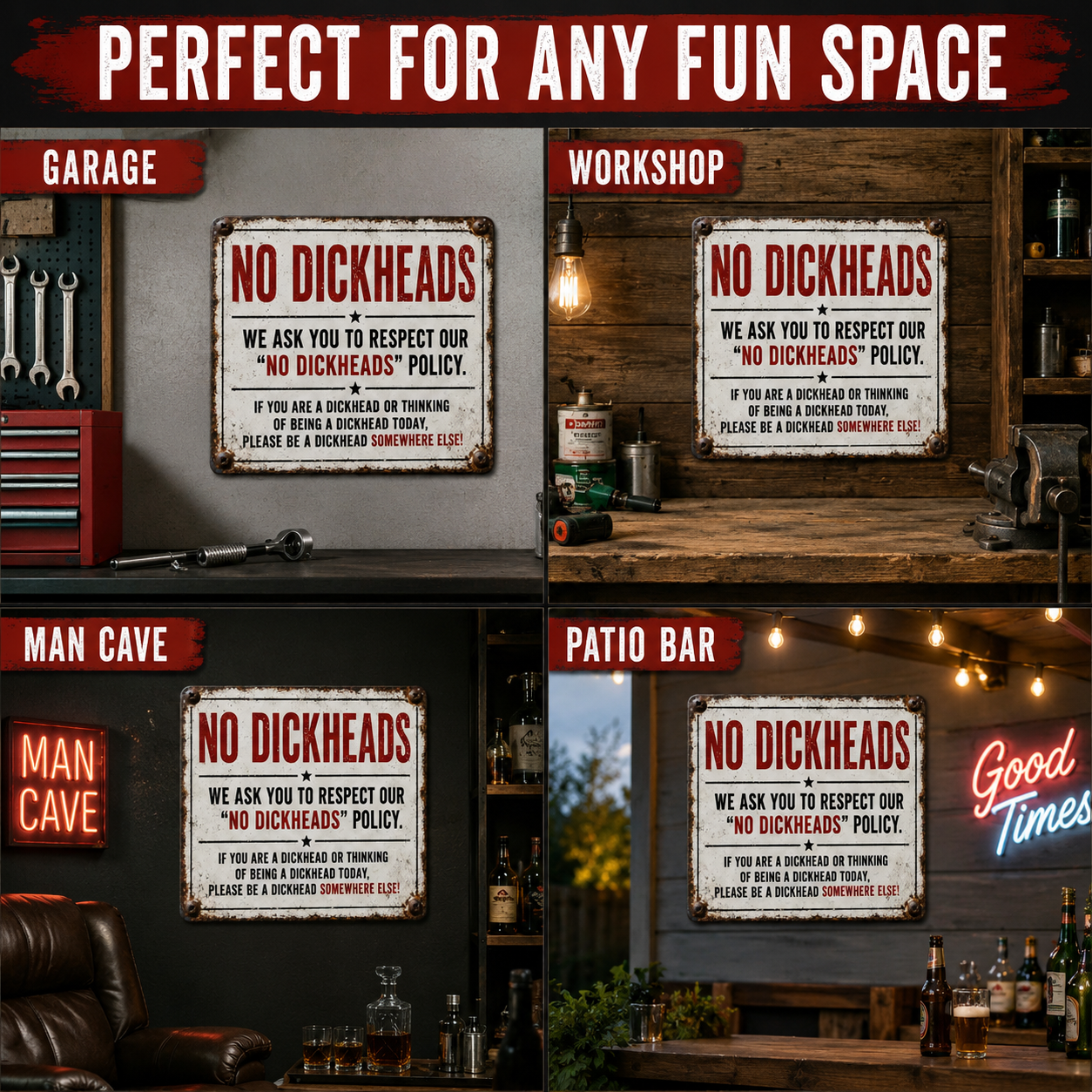 No Dickheads Policy Metal Sign – Funny Rustic Garage Wall Decor