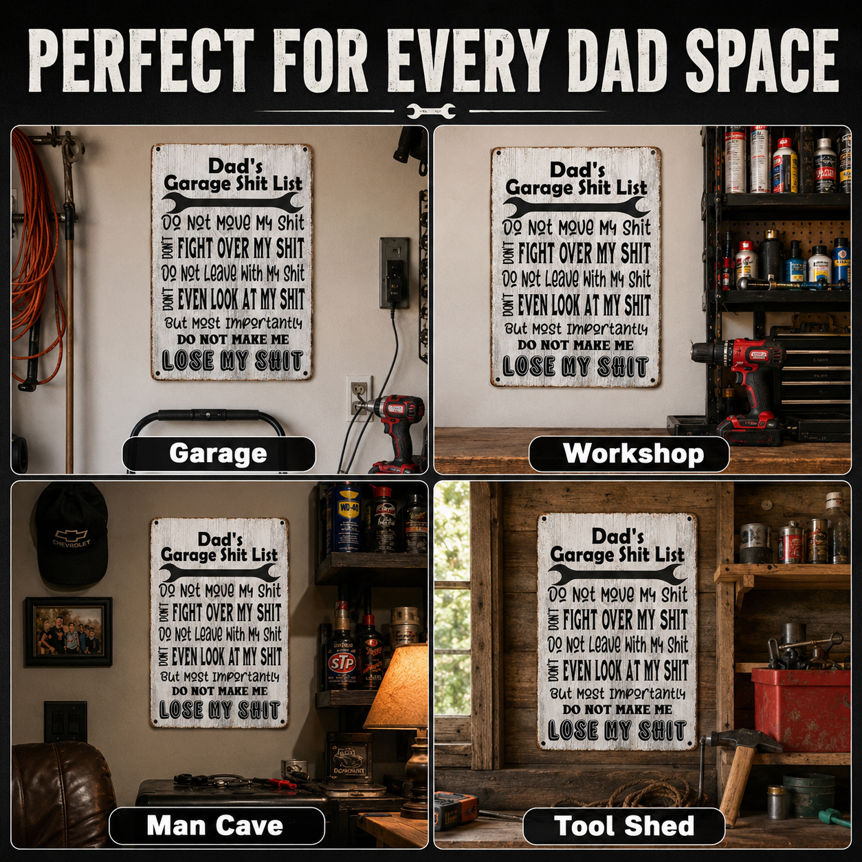 Dad’s Garage Shit List Metal Sign – Funny Garage Wall Decor Gift for Dad, Husband, Grandpa & Man Cave