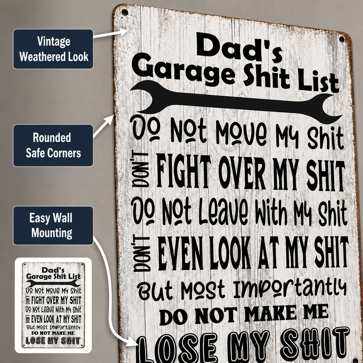 Dad’s Garage Shit List Metal Sign – Funny Garage Wall Decor Gift for Dad, Husband, Grandpa & Man Cave