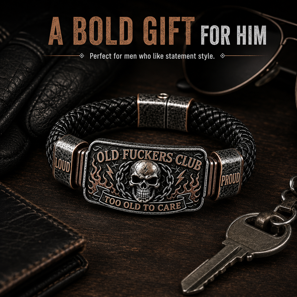 Old Fuckers Club Vintage Skull Flame Biker Braided Bracelet