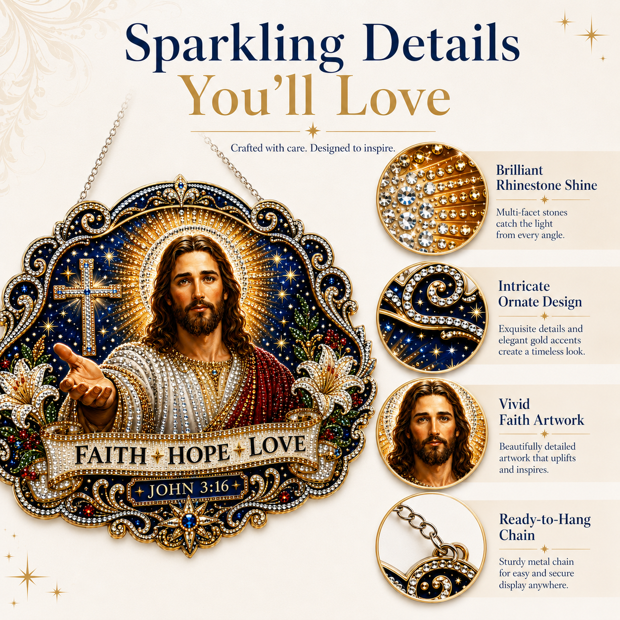 Jesus Diamond Art Hanging Ornament Kit – Faith Hope Love John 3:16 Christian Window & Wall Décor